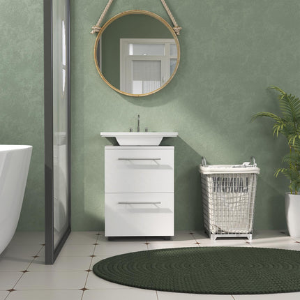 Bathroom base cabinet with drawer and tilt protection