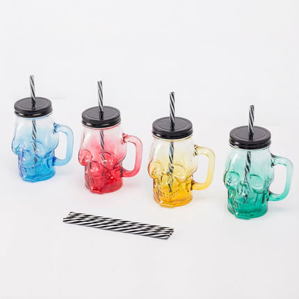 Skull Glasses Set with Lids & Straws, 4-Pack