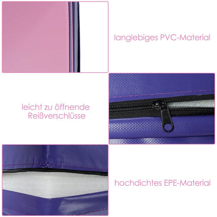 Slanted gymnastics mat, wedge-shaped soft floor mat, foldable 2 in 1 gymnastics mat with carrying handle 150 x 75 x 36 cm pink + purple
