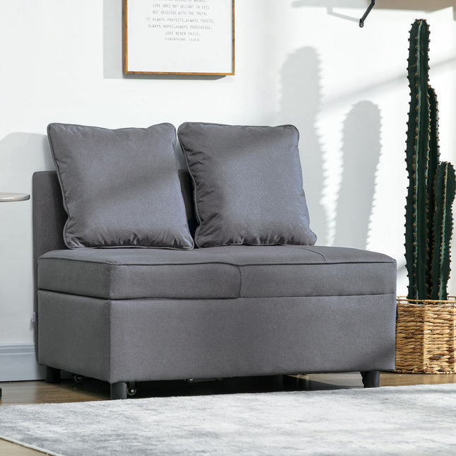 Slaapstoel, 2-zits fauteuil met bedfunctie, opvouwbare gestoffeerde fauteuil met 2 kussens, linnenlook bekleding, donkergrijs