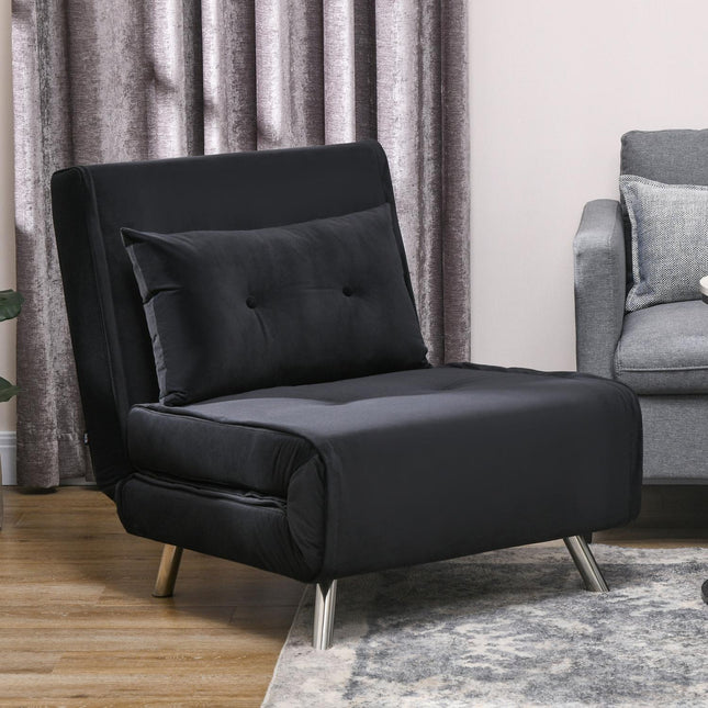 Velvet Folding Sofa Chair Bed with Cushion, Black, 77x88x83Cm