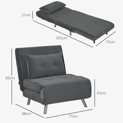 Folding Velvet sofa Chair bed - Dark gray cushion, 77x88x83 cm