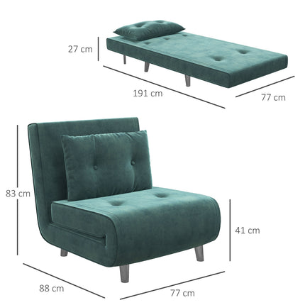 Folding sofa Chair bed with cushions, velvet look, green
