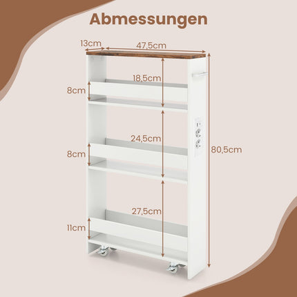 Slim 13cm Rolling Storage Cart with Charging Station