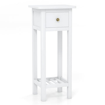 Slim 2-Tier Nightstand with Drawer and Shelf, White