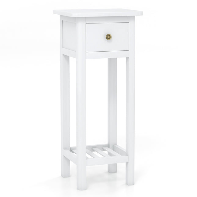 Slim 2-Tier Nightstand with Drawer and Shelf, White