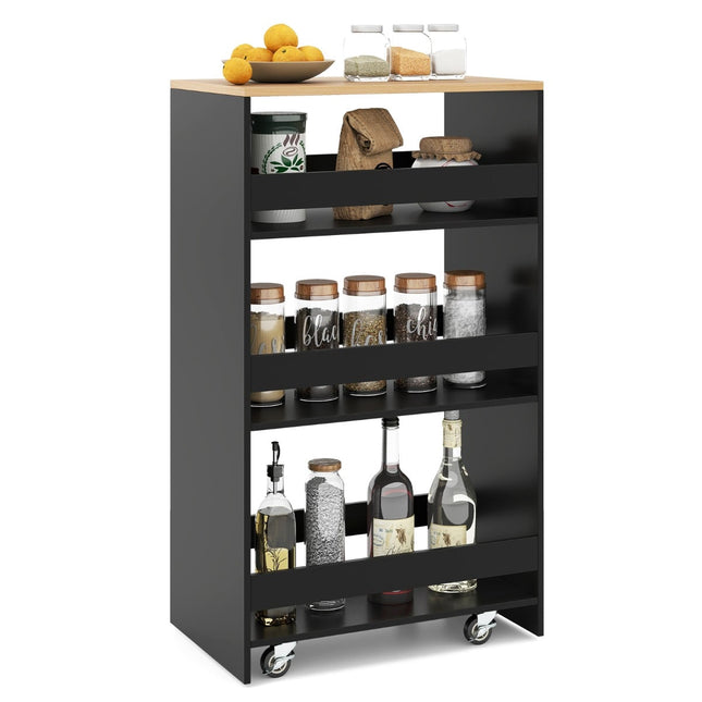 Slim 4-Tier Kitchen Cart with Handle & Rails, Black