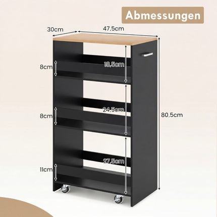 Slim 4-Tier Kitchen Cart with Handle & Rails, Black
