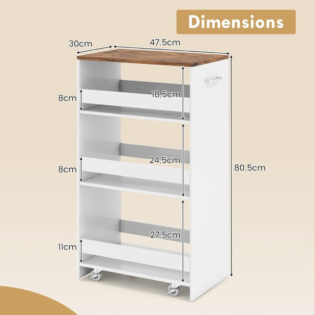 Slim 4-Tier Kitchen Cart with Handle & Rails, White