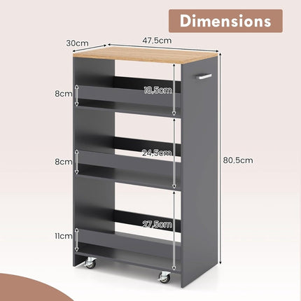 Slim 4-Tier Rolling Kitchen Cart with Handle, Grey