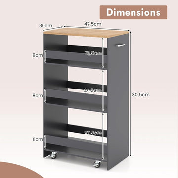 Slim 4-Tier Rolling Kitchen Cart with Handle, Grey