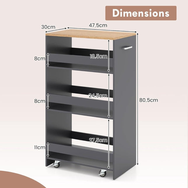 Slim 4-Tier Rolling Kitchen Cart with Handle, Grey