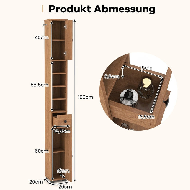 Slim Bathroom Cabinet with 2 Doors, Drawer & Adjustable Shelves