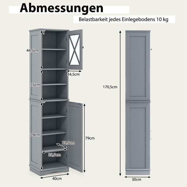Slim Bathroom Cabinet with 5 Adjustable Shelves & 2 Doors Freestanding Tall Cabinet Grey
