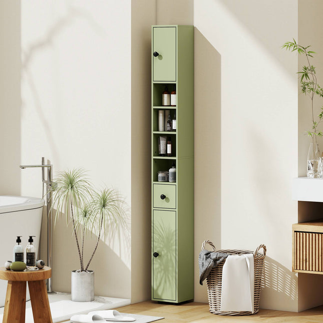 Slim Bathroom Cabinet with Drawer, 4 Shelves, Green, 20x20x180 cm