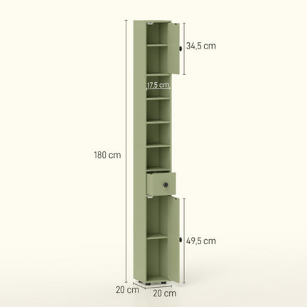 Slim Bathroom Cabinet with Drawer, 4 Shelves, Green, 20x20x180 cm