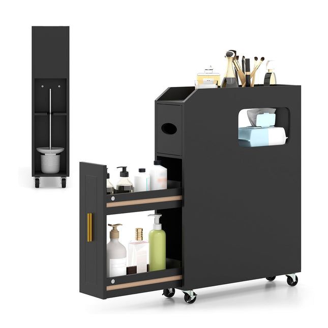 Slim Bathroom Cabinet with Drawer and Tissue Box, Black