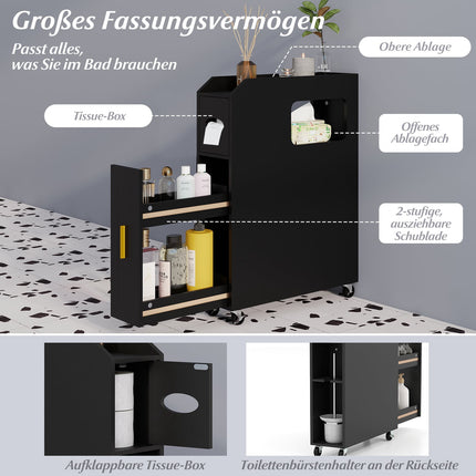 Slim Bathroom Cabinet with Drawer and Tissue Box, Black