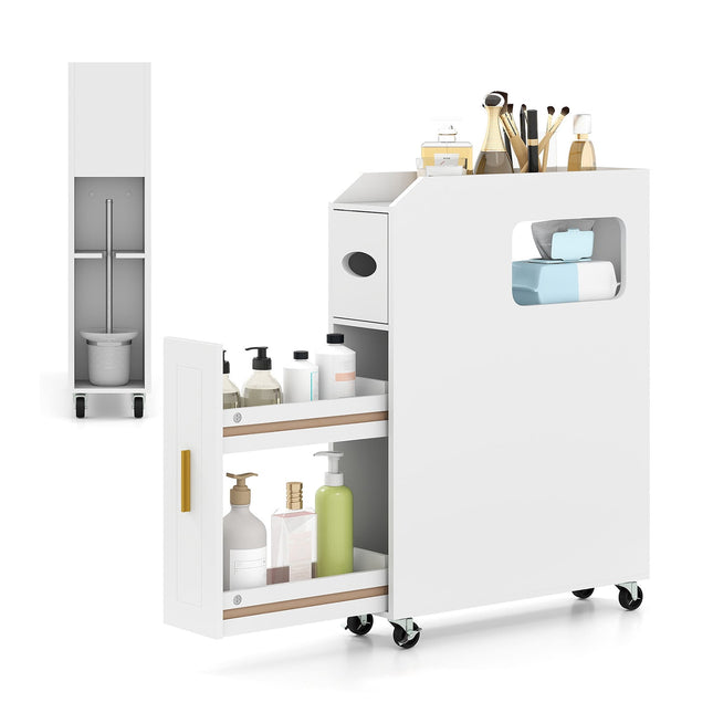 Slim Bathroom Cabinet with Drawer and Tissue Box, White
