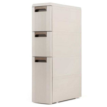 Slim Beige 3-Tier Rolling Storage Cabinet with Drawers