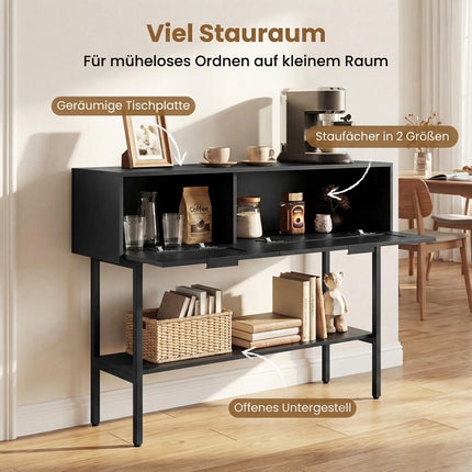 Slim Black Console Table with 2 Shelves & Rattan Design