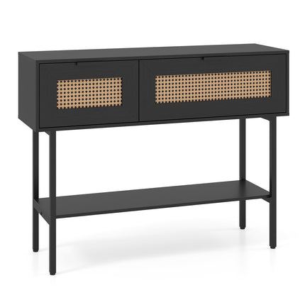 Slim Black Console Table with 2 Shelves & Rattan Design