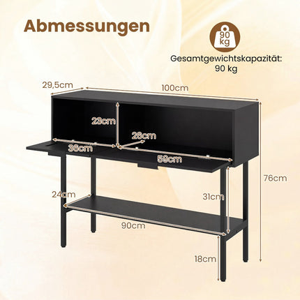 Slim Black Console Table with 2 Shelves & Rattan Design