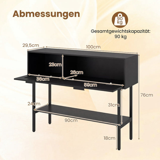 Slim Black Console Table with 2 Shelves & Rattan Design