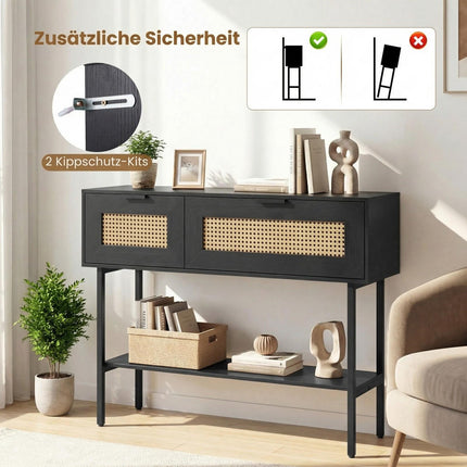 Slim Black Console Table with 2 Shelves & Rattan Design