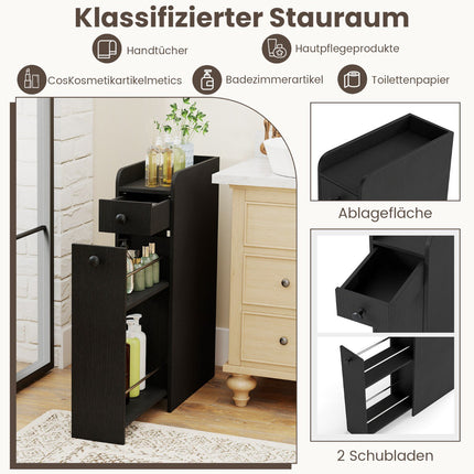 Slim Rolling Bathroom Cabinet with Open Shelf & 2 Drawers