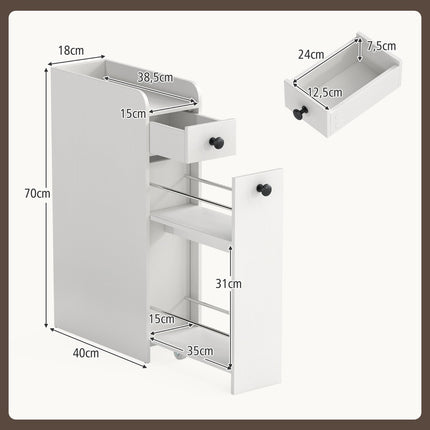 Slim Rolling Bathroom Cabinet with Open Shelf & 2 Drawers