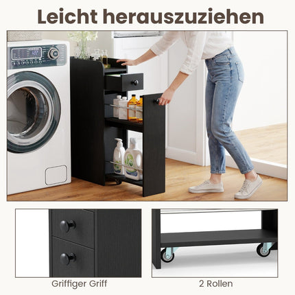 Slim Rolling Bathroom Cabinet with Open Shelf & 2 Drawers