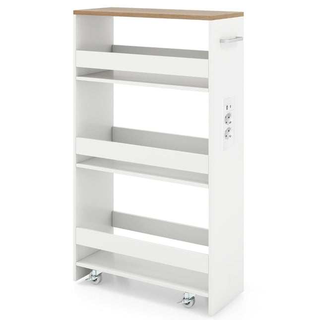 Slim Rolling Storage Cart – 4-Tier, 20 cm, White/Natural