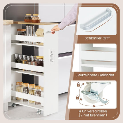 Slim Rolling Storage Cart – 4-Tier, 20 cm, White/Natural