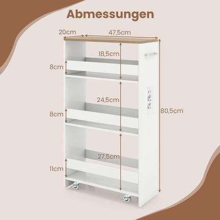 Slim Rolling Storage Cart – 4-Tier, 20 cm, White/Natural