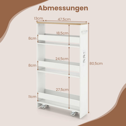 Slim Rolling Storage Cart with Charging Station, 4-Tier, 13cm