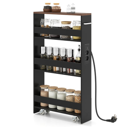 Slim Rolling Storage Cart with Charging Station, 4-Tier, Black