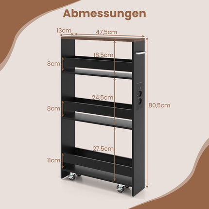 Slim Rolling Storage Cart with Charging Station, 4-Tier, Black
