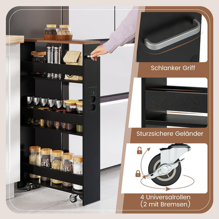 Slim Rolling Storage Cart with Charging Station, 4-Tier, Black