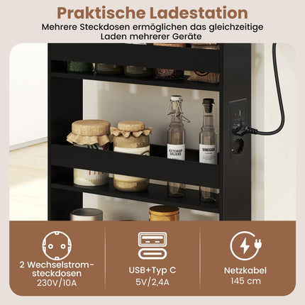 Slim Rolling Storage Cart with Charging Station, 4-Tier, Black