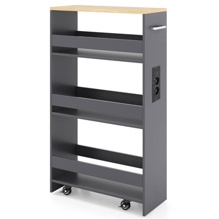 Slim Rolling Storage Cart with Charging Station, 4-Tier, Gray