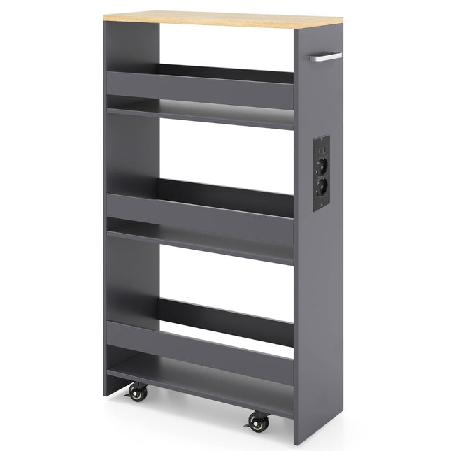 Slim Rolling Storage Cart with Charging Station, 4-Tier, Gray