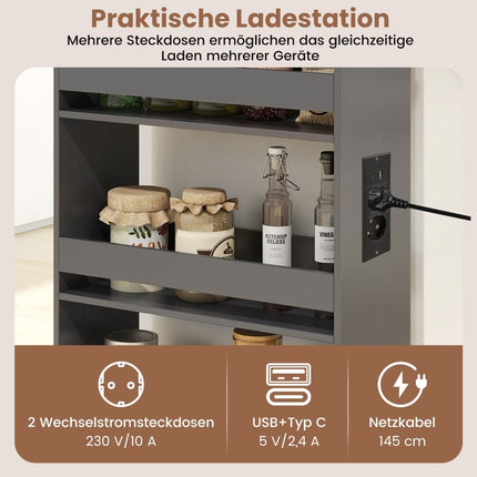 Slim Rolling Storage Cart with Charging Station, 4-Tier, Gray
