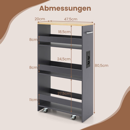 Slim Rolling Storage Cart with Charging Station, 4-Tier, Gray