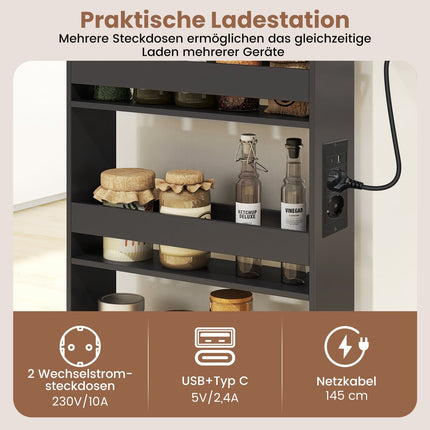 Slim Rolling Storage Cart with Charging Station, 4-Tier, Grey