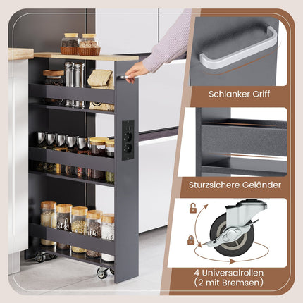 Slim Rolling Storage Cart with Charging Station, 4-Tier, Grey