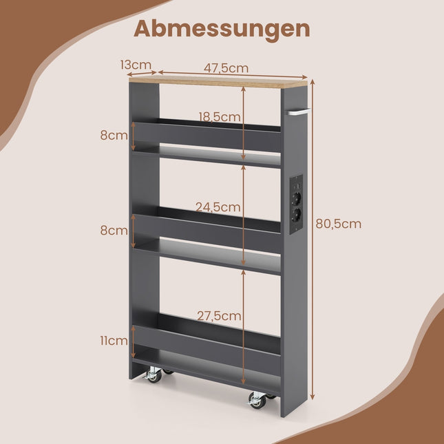 Slanke rolwagen met laadstation, 4 lagen, grijs