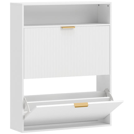 Slim Shoe Cabinet, 2 Flip Drawers, Top Shelf – 24 cm Deep, White