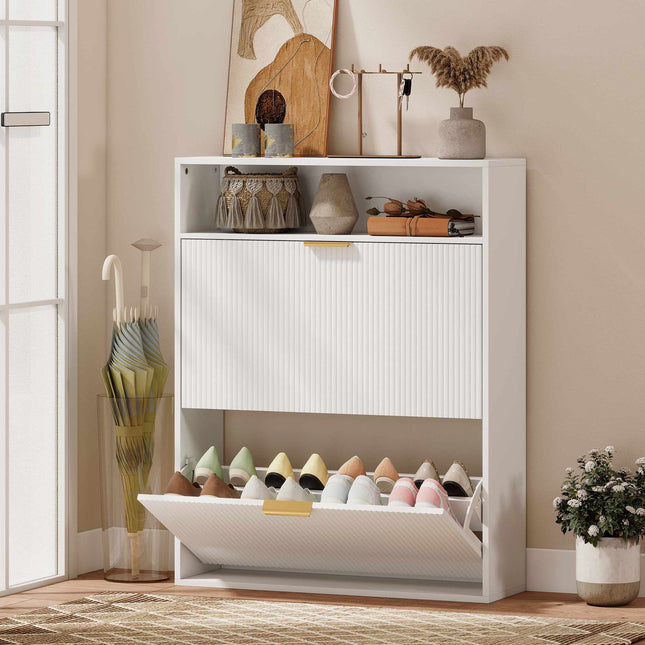 Smalle schoenenkast met 2 klaplades en een bovenste plank – 24 cm diep, wit