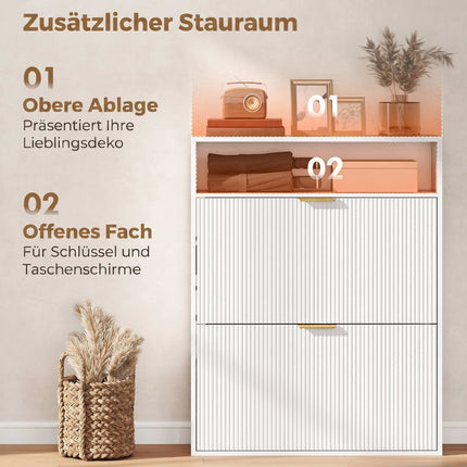 Slim Shoe Cabinet, 2 Flip Drawers, Top Shelf – 24 cm Deep, White